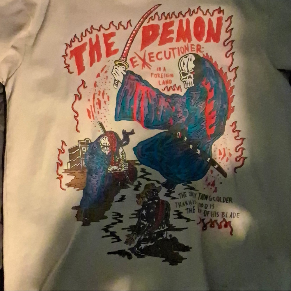 WOL Men's White L Regular Fit "The Demon Executioner" Graphic Crew Neck T-Shirt
